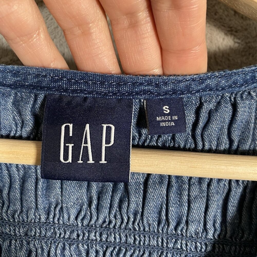 GAP 100% Organic Cotton Denim Ruffle Sleeve Smocked Midi Dress Size S Pockets - Picture 4 of 15